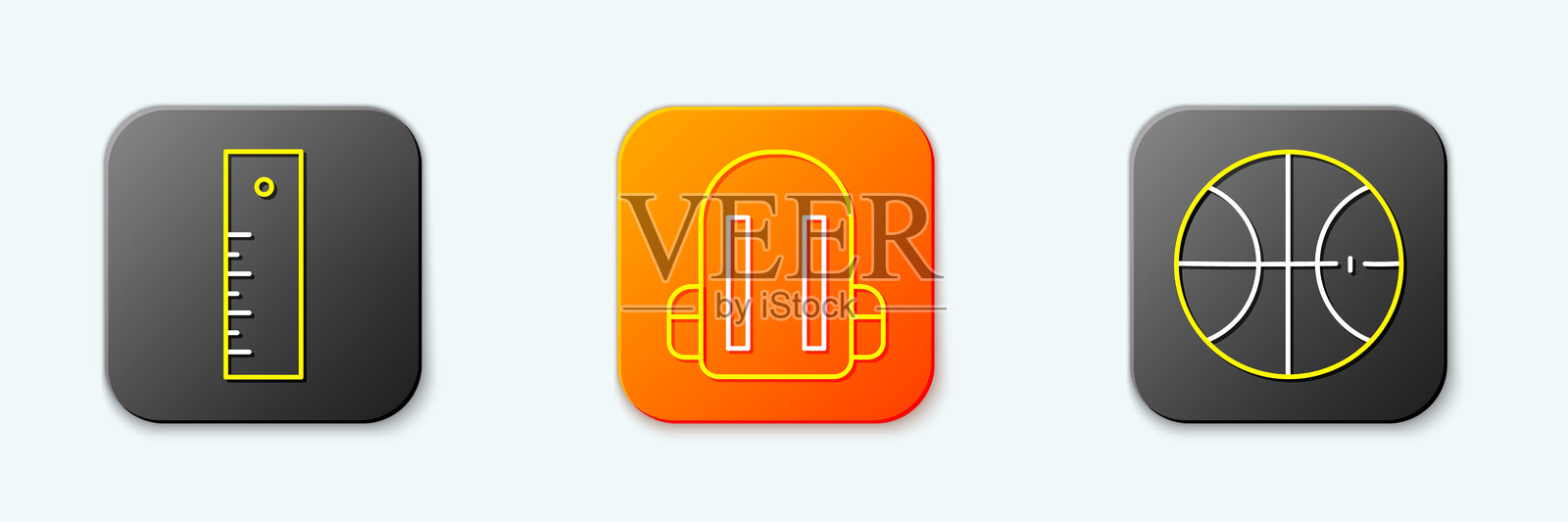 一套尺子、学校背包和篮球图标。矢量图插画图片素材