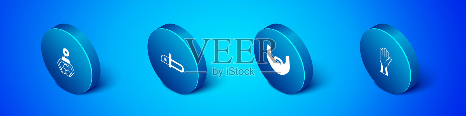 一套等距抓钩起重机抓取原木，带胡子和络腮胡，防护手套和链锯图标。矢量图插画图片素材