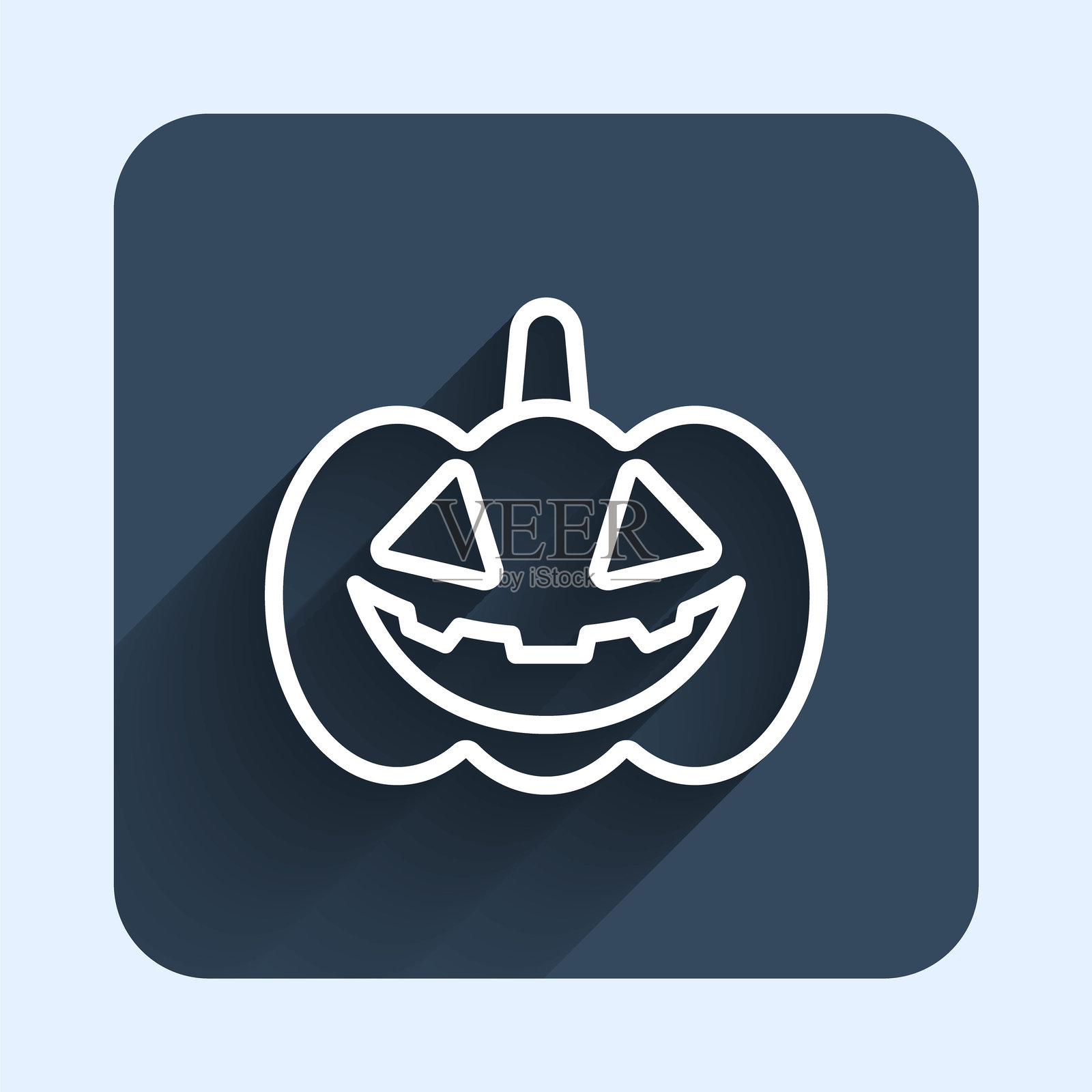 白色线条南瓜图标，带有长阴影背景。万圣节快乐。蓝色方形按钮。矢量图示插画图片素材