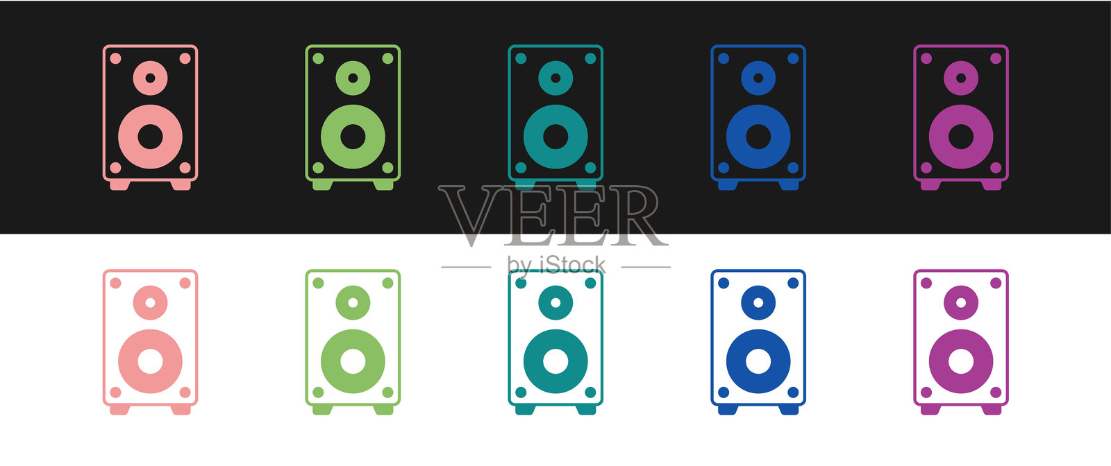 立体声扬声器图标，孤立在黑白背景上。音响系统扬声器。音乐图标。音乐柱式扬声器低音设备。矢量图示量化插画图片素材