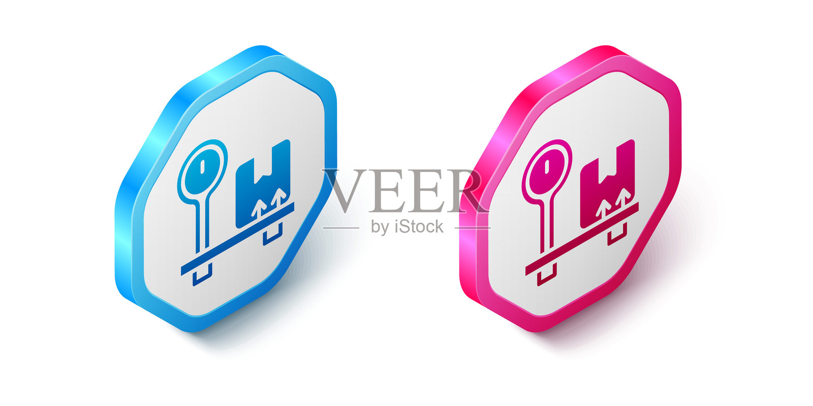 等距天平与纸板箱图标，孤立在白色背景上。物流和运输。天平上显示包裹的重量。六边形按钮。矢量图插画图片素材