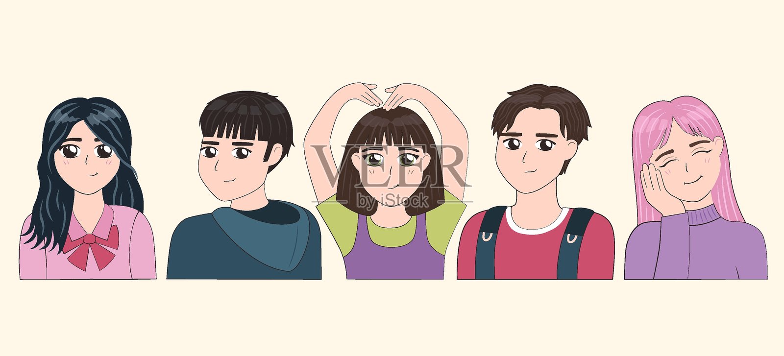 一群可爱的男生女生。动漫风格的矢量头像。插画图片素材