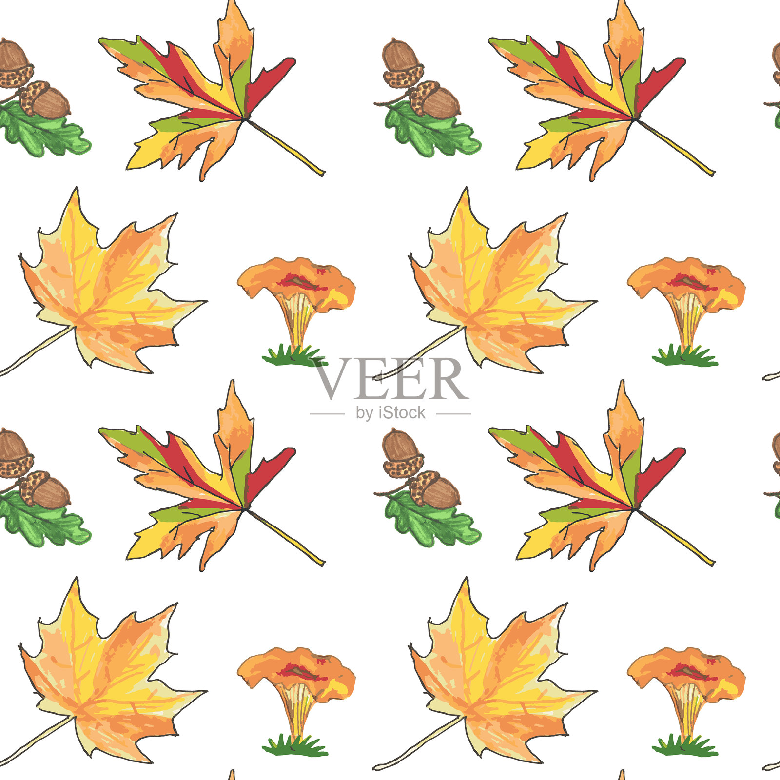 秋日魔法图案，明亮的枫叶，白蘑菇，鸡油菌，红蝇蕈伞，橡子。舒适的金秋。插画图片素材