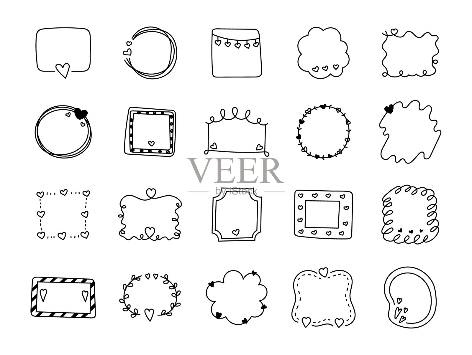 涂鸦心形情人节爱心边框套装，展示用于装饰边框的浪漫轮廓、手工轮廓草图、创意形状和迷人的符号，用于问候项目。插画图片素材