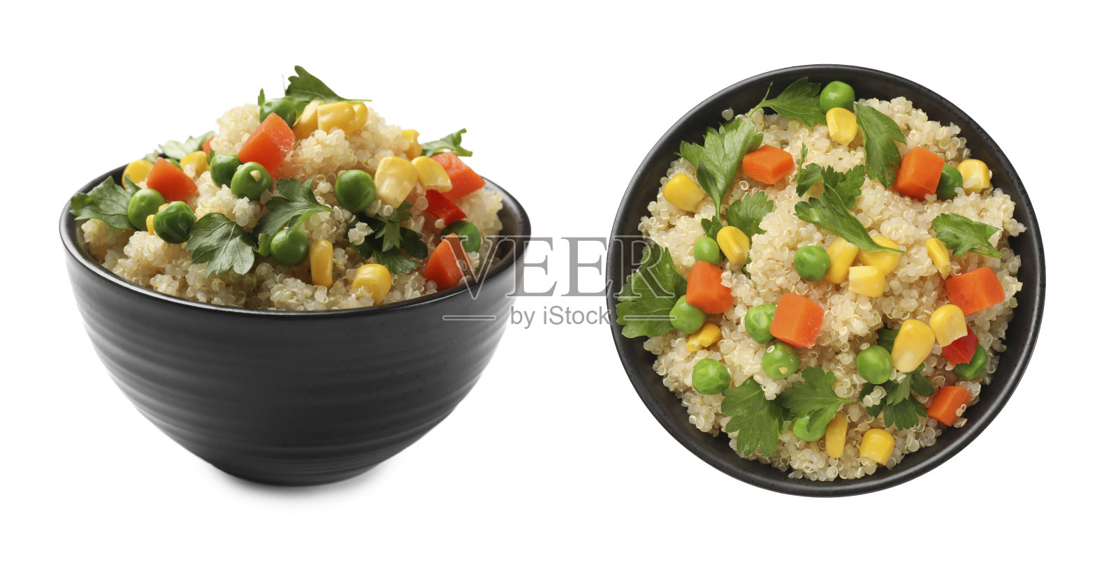 碗里美味的藜麦蔬菜粥，白色背景，俯视和侧视照片摄影图片