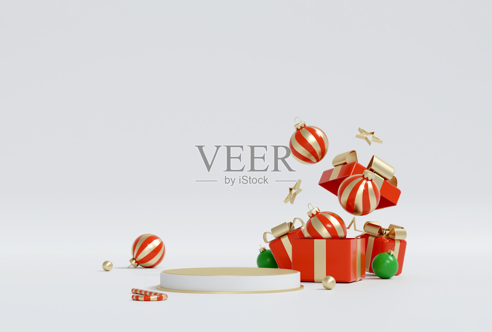 明亮的3D圣诞礼物爆炸和漂浮；极简节日场景，干净的白色背景上有复制空间。照片摄影图片