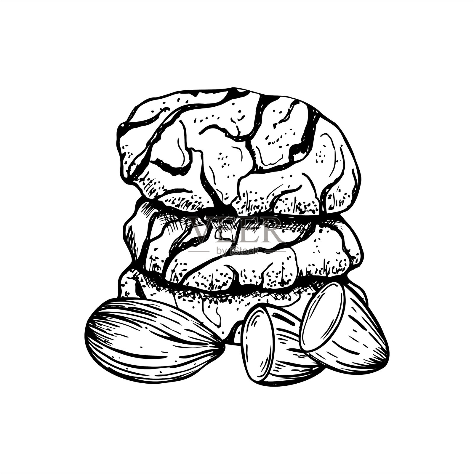 破裂的坚果饼干和去皮的杏仁矢量图，用黑墨水绘制。传统的自制甜饼干蚀刻画。手绘饼干堆叠线条艺术，用于圣诞菜单、食谱插画图片素材