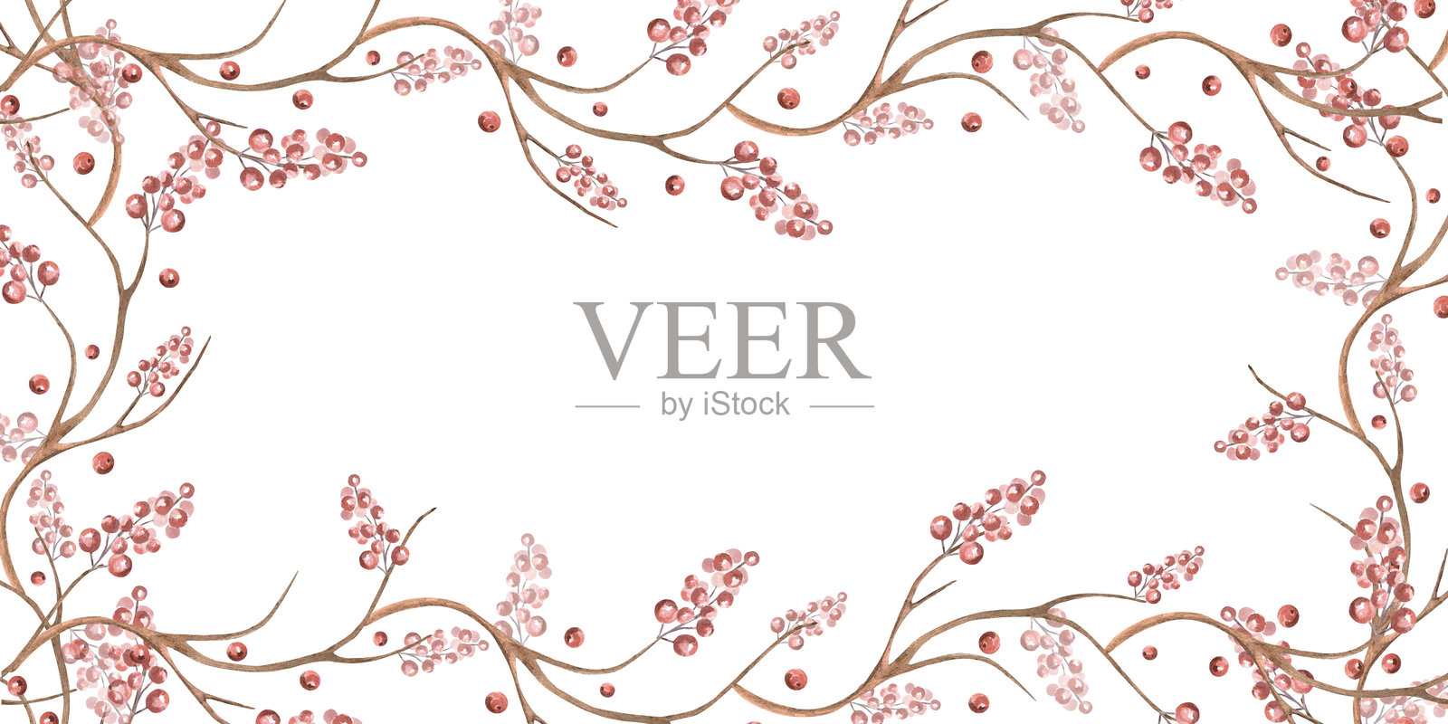 一个带有弯曲树枝和浆果的矩形画框。孤立的水彩插画，适用于花店名片、化妆品包装、海报印刷和圣诞贺卡设计。插画图片素材