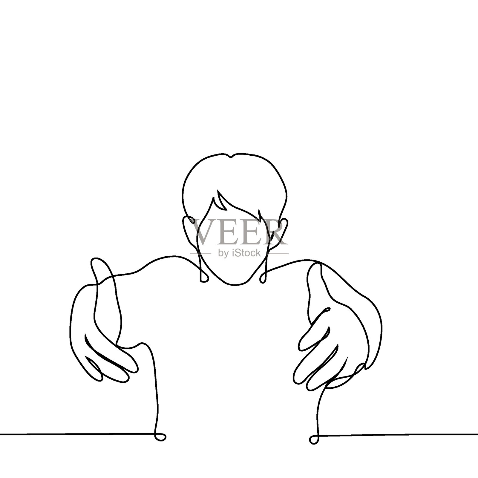 近景，一名男子正面伸展手臂向前，单线条勾勒，白色背景。男子似乎想被拉向前，或想拉别人向前。插画图片素材