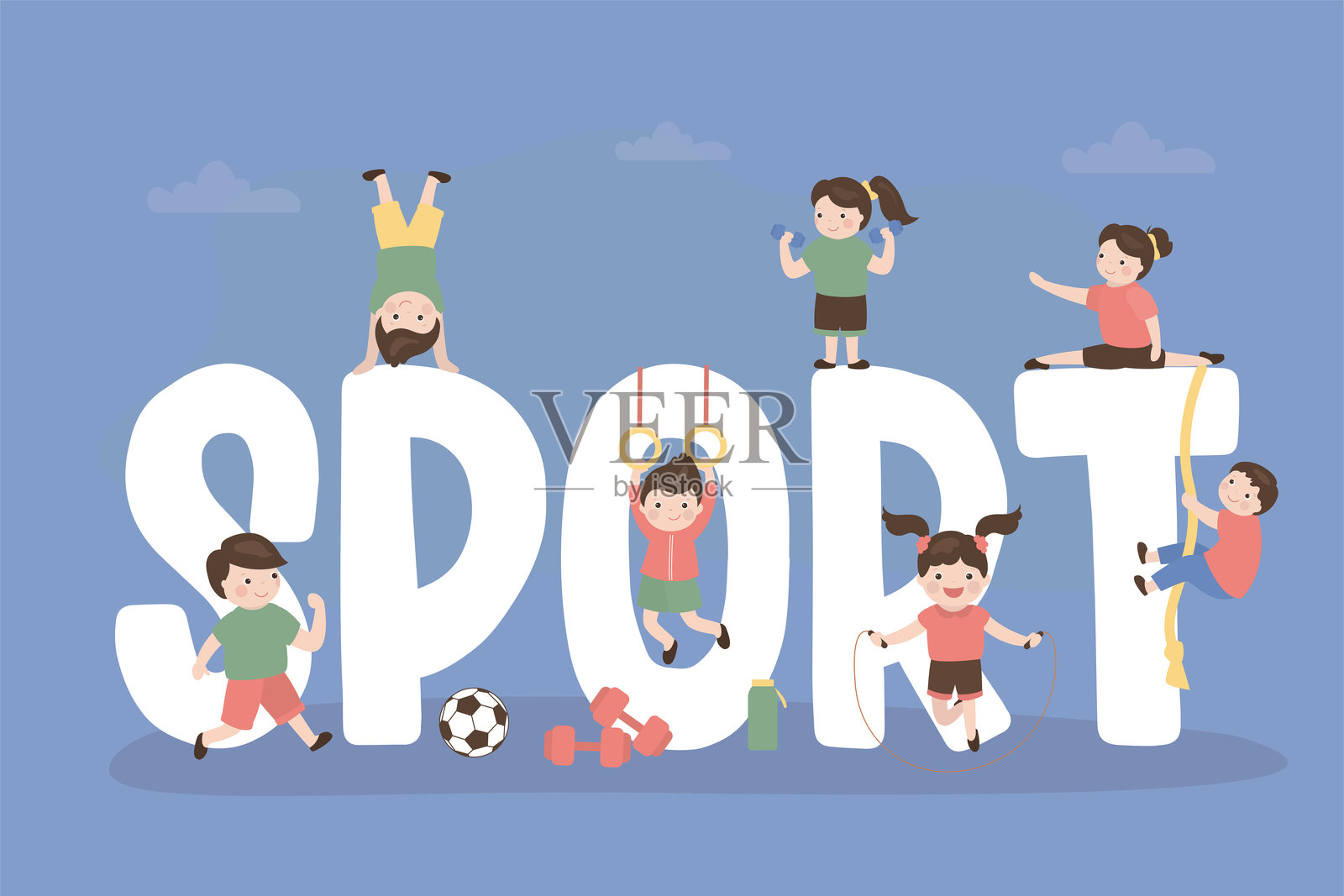 学校体育课的孩子们，横幅。一群小学生角色和一个巨大的“SPORT”文字。同学们在体育课上。多民族儿童。插画图片素材