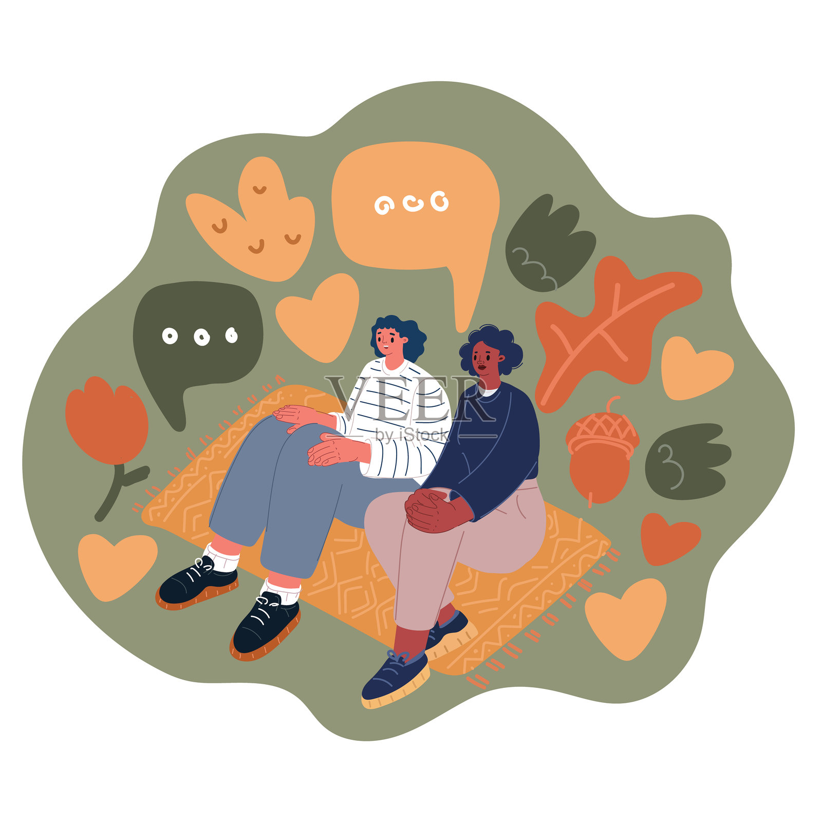 两名女子坐在草地上的垫子上，享受着宁静的放松与连接时光的矢量插画插画图片素材