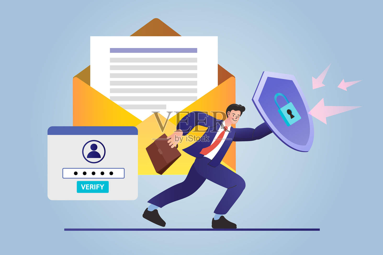 利用此网络安全概念确保互联网安全。一名男子手持盾牌抵挡病毒箭，保护机密电子邮件和密码访问免受数字威胁。插画图片素材