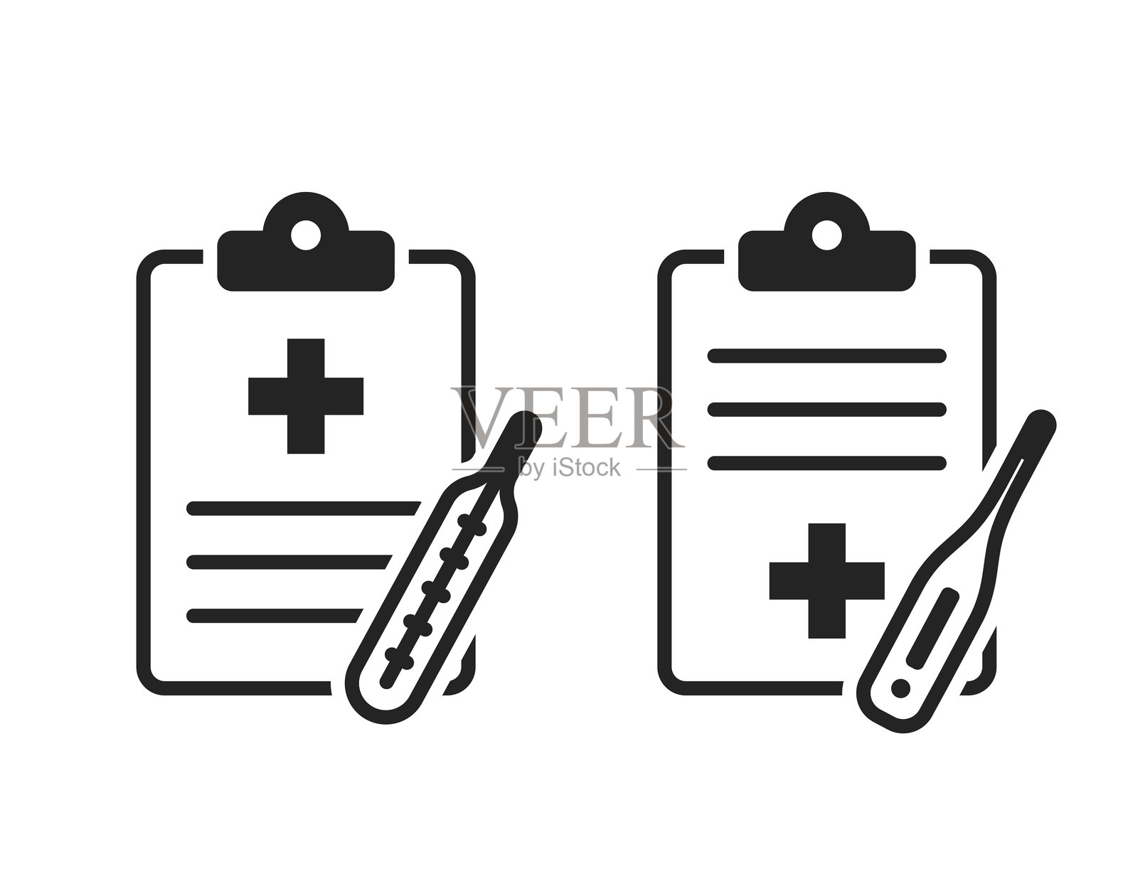 医疗病史图标。病人病历卡和温度计。矢量医疗保健图像插画图片素材