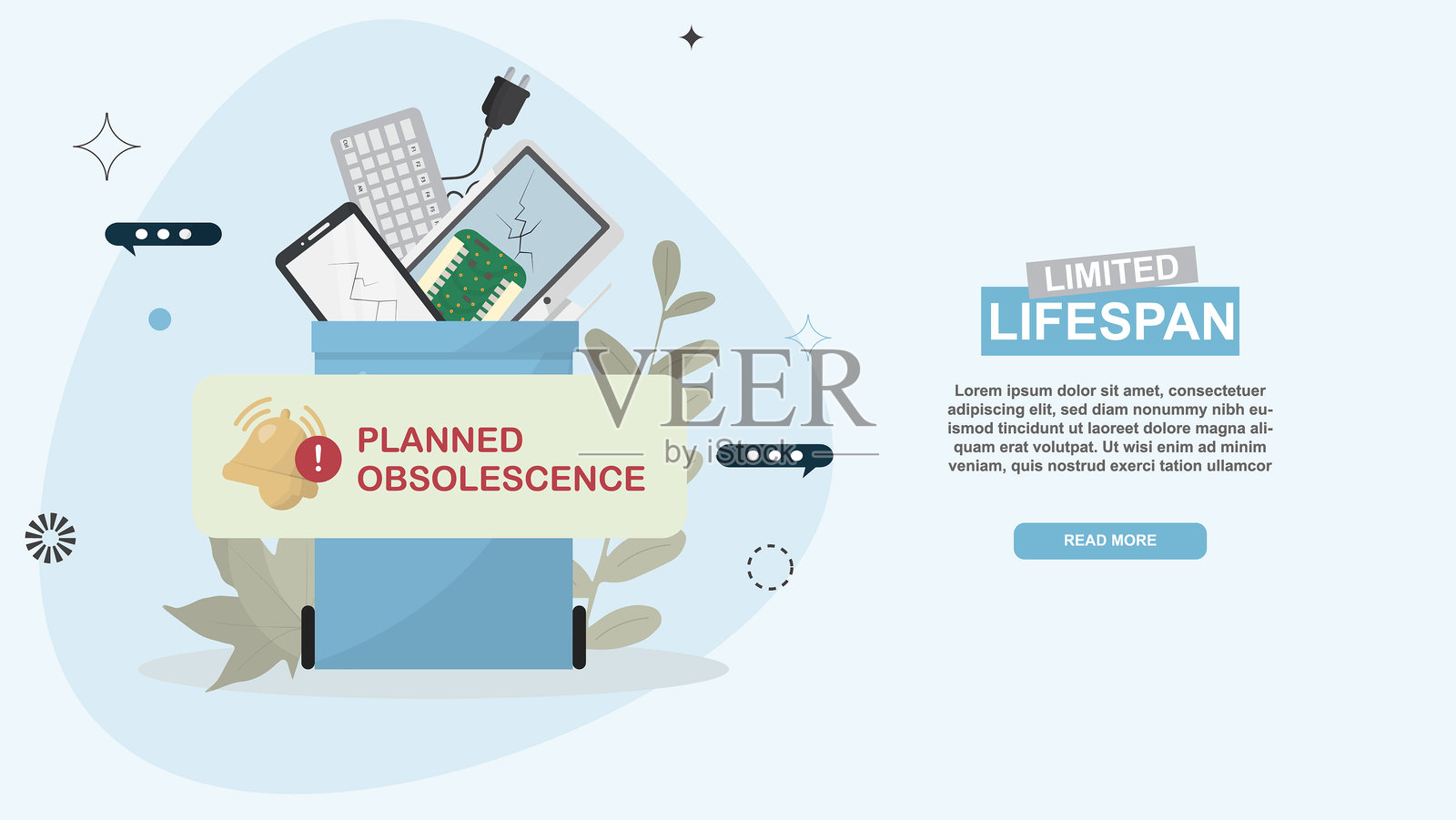 寿命有限的电子产品，带有计划报废警示横幅插画图片素材