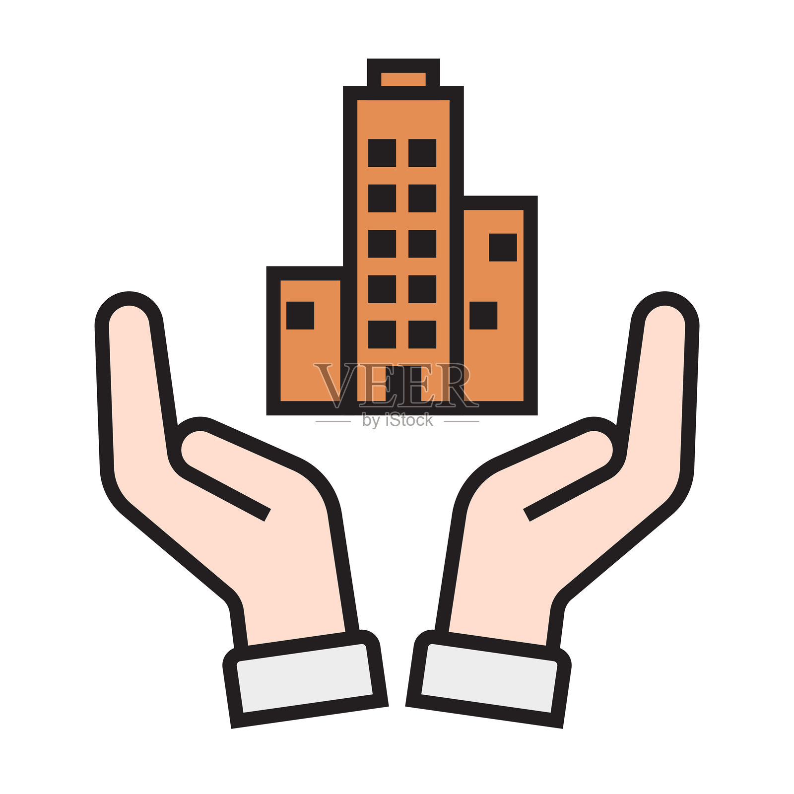 两只向上托举建筑物的双手，采用柔和色彩，寓意房屋所有权和房地产价值增长掌握在手中插画图片素材