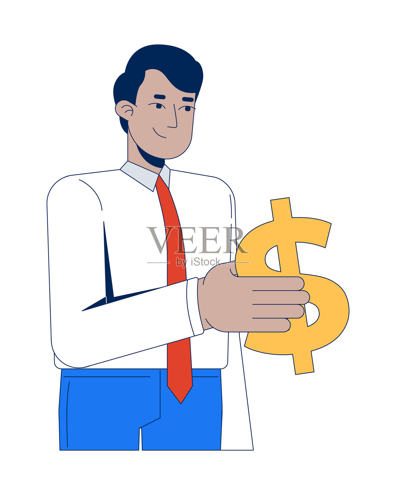微笑的印度商人，手持美元符号的二维卡通形象插画图片素材