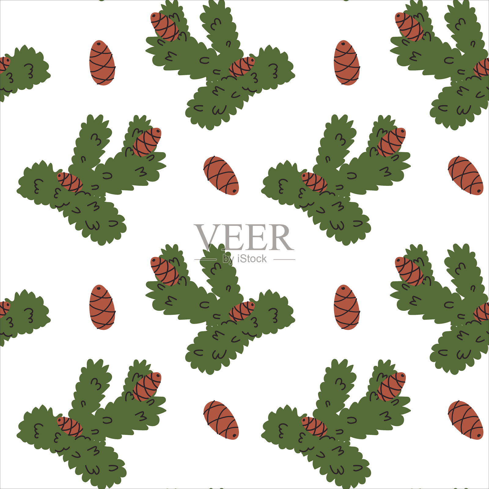 白色背景上绿色叶子和棕色松果的彩色图案，用于节日装饰插画图片素材