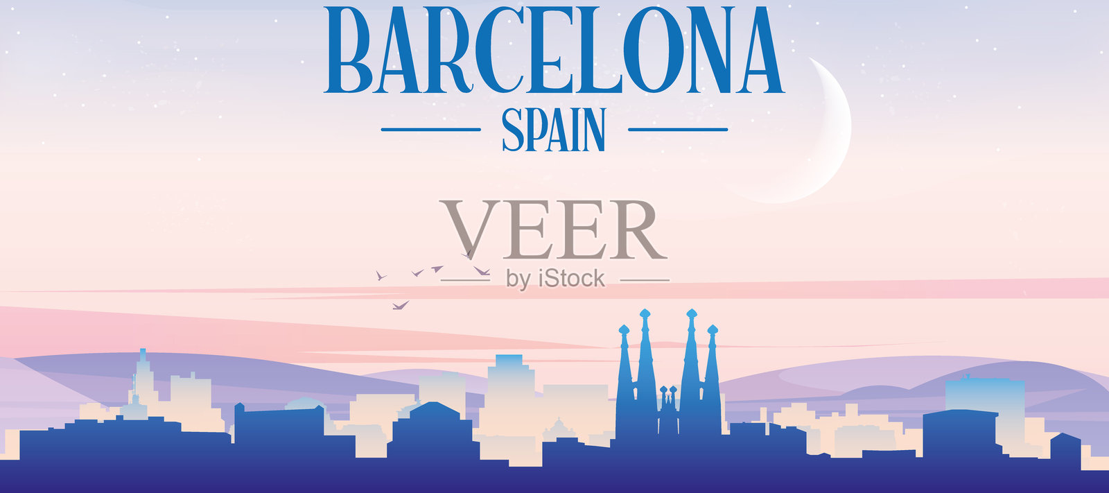 巴塞罗那，西班牙，城市天际线全景海报插画图片素材