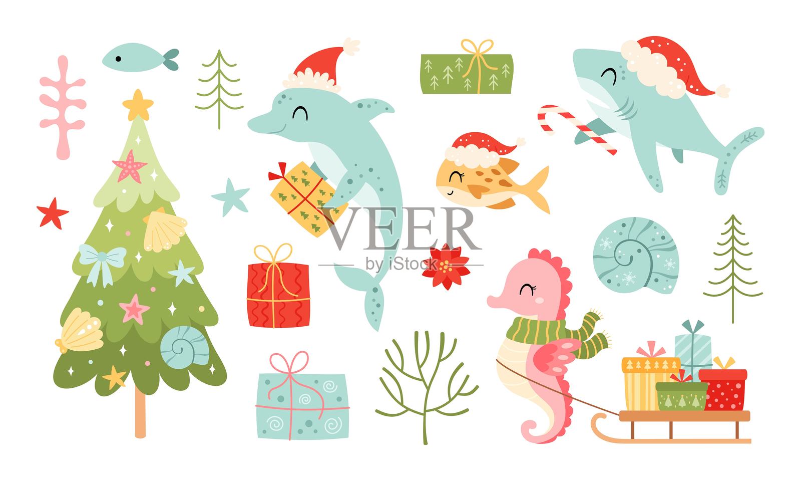 可爱的圣诞海洋动物剪贴画集。卡通圣诞海洋生物。节日海底世界设计。节日航海插图。插画图片素材