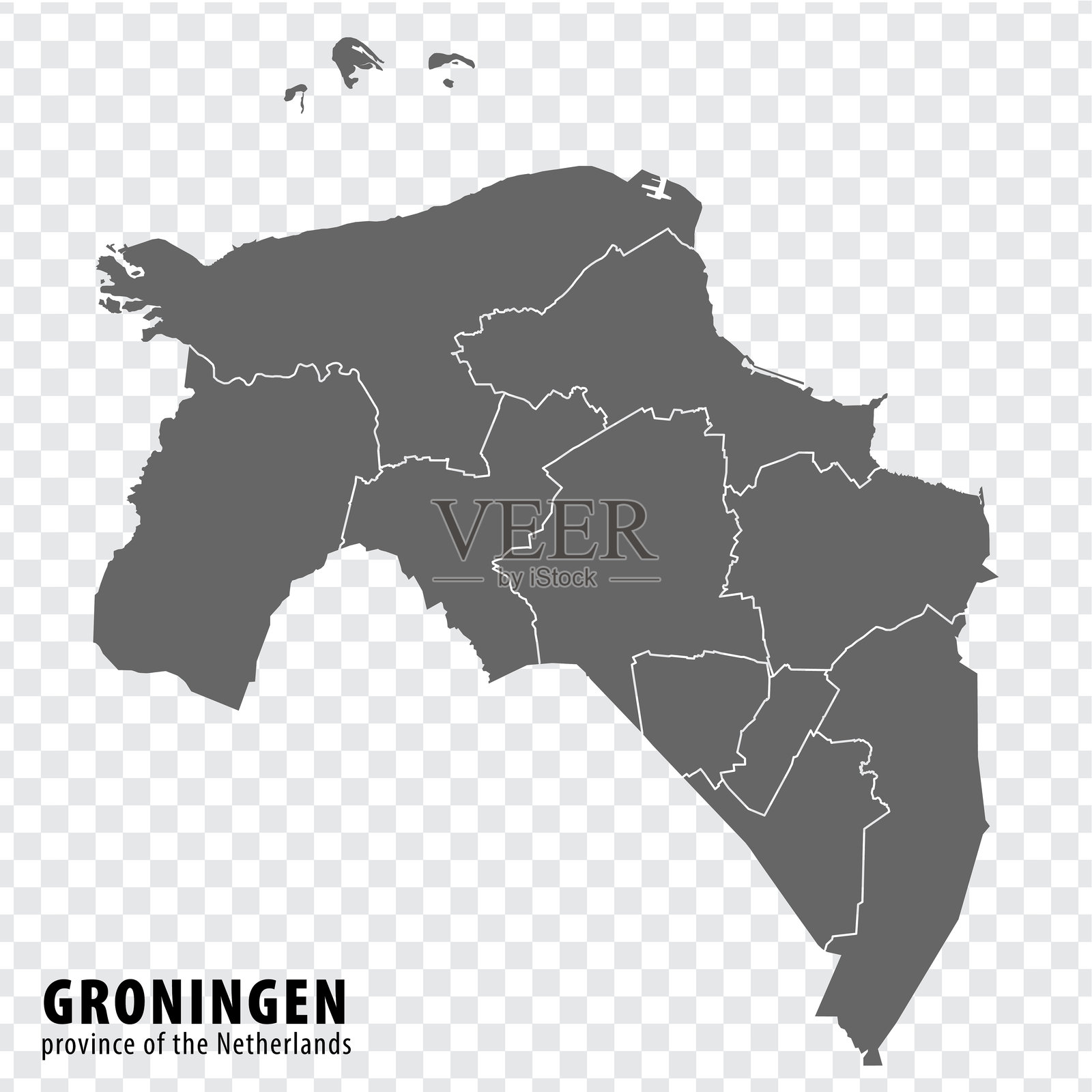 荷兰格罗宁根省空白地图。高质量格罗宁根地图，包含市政区域，背景透明，适用于网站设计、Logo、应用程序、用户界面。EPS10。插画图片素材