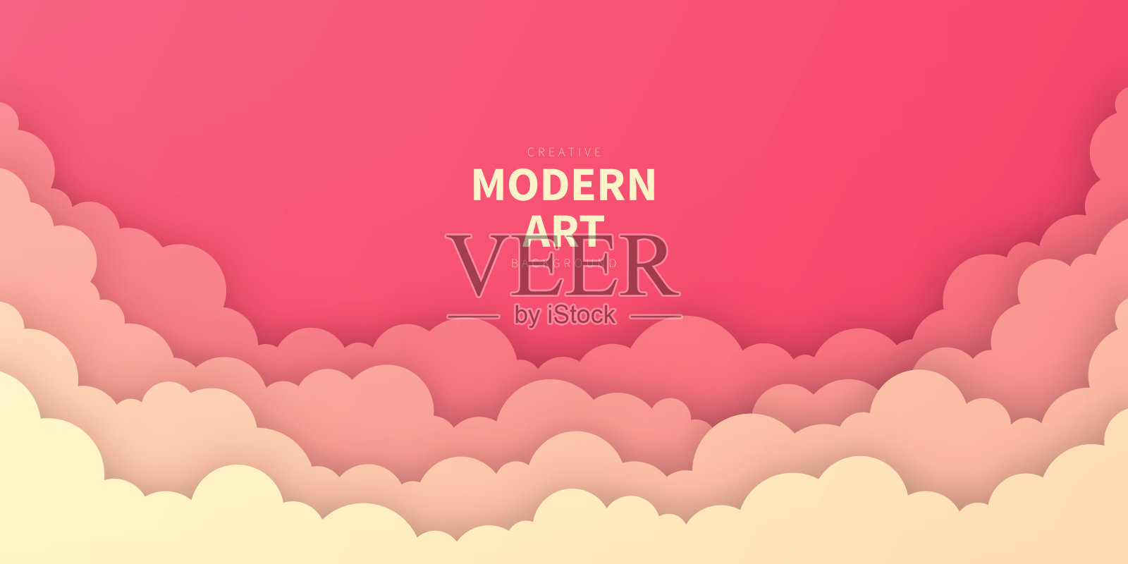 红色的天空与云朵 - 剪纸背景 - 时尚的3D设计插画图片素材