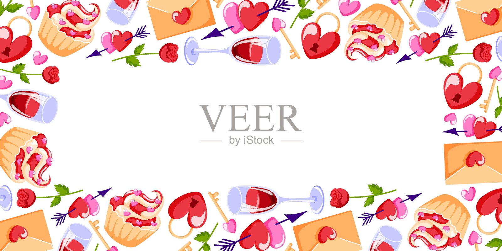 浪漫情人节边框，包含心形、玫瑰、酒杯、纸杯蛋糕、信件和锁，采用扁平化风格。专为浪漫卡片和邀请函设计。插画图片素材