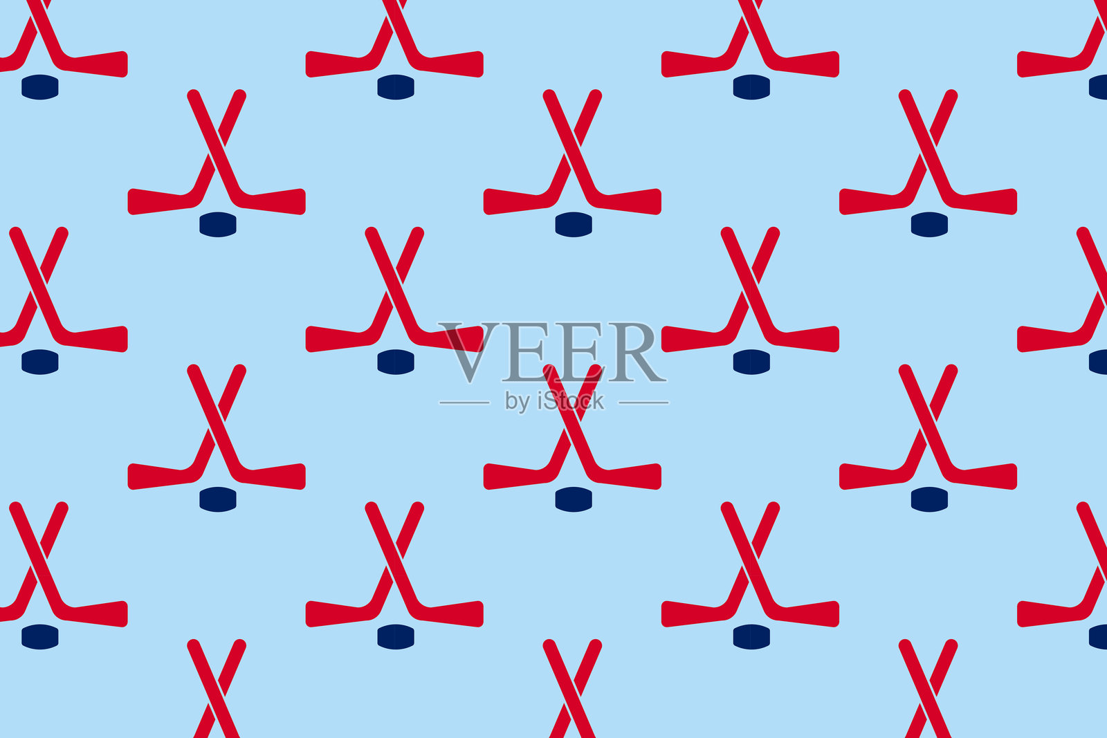 蓝色背景上的交叉曲棍球杆和曲棍球图案。曲棍球杆背景。矢量图插画图片素材