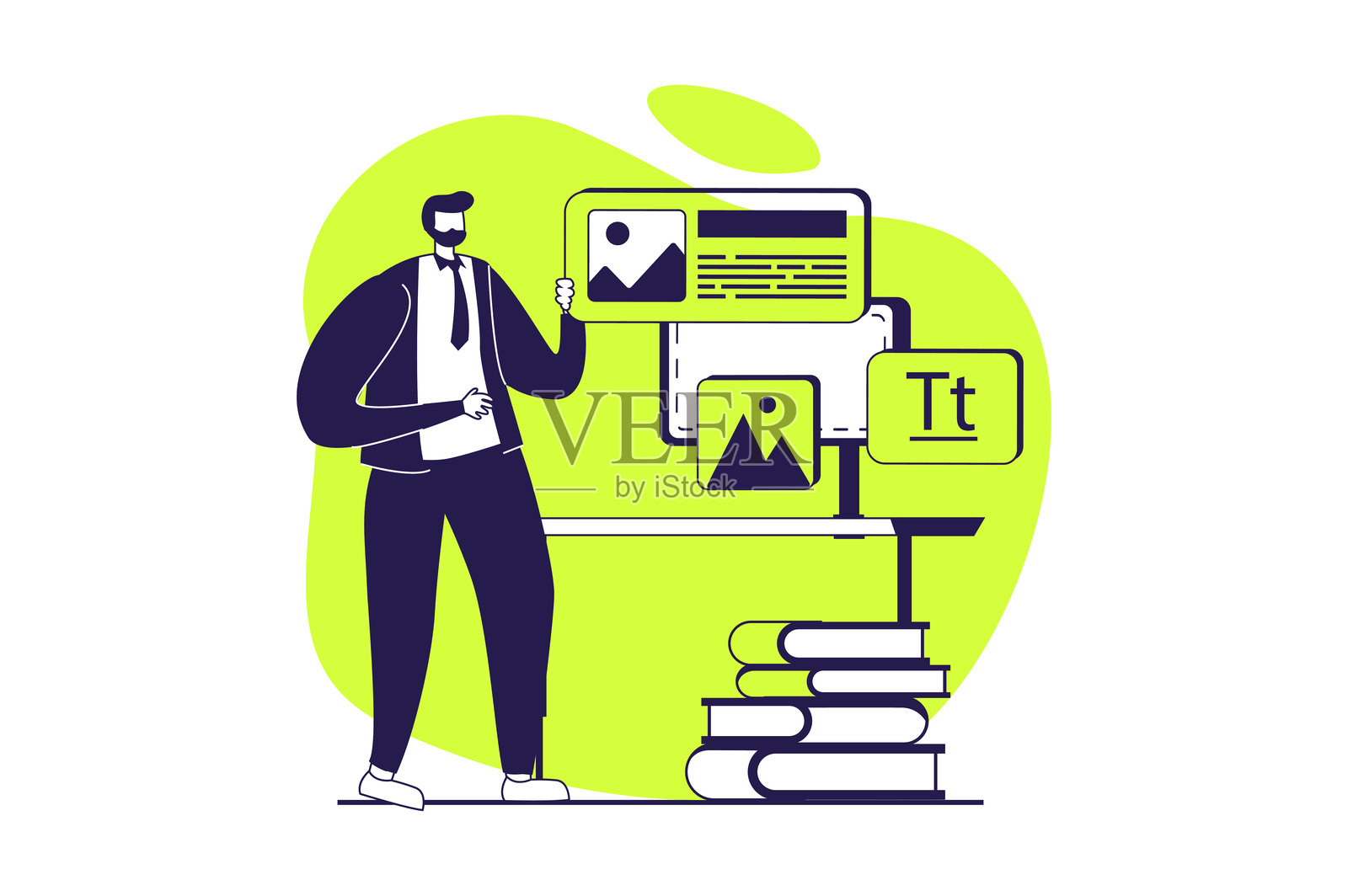 UI/UX设计师的网页概念，配有扁平化人物，用于网站设计。一人正在使用可视化原型和界面模板工作，组织结构，创建按钮导航。矢量插画。插画图片素材