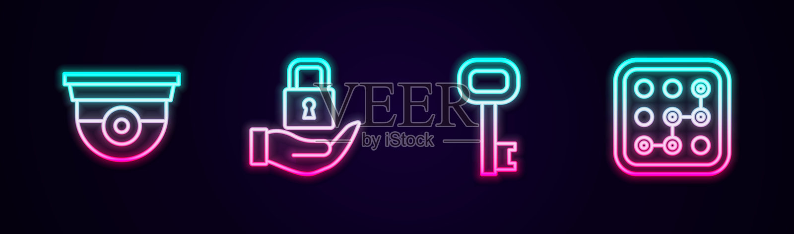 安全摄像头、锁、旧钥匙和图形密码保护的线条集合。发光的霓虹灯图标。矢量图示图示图示插画图片素材