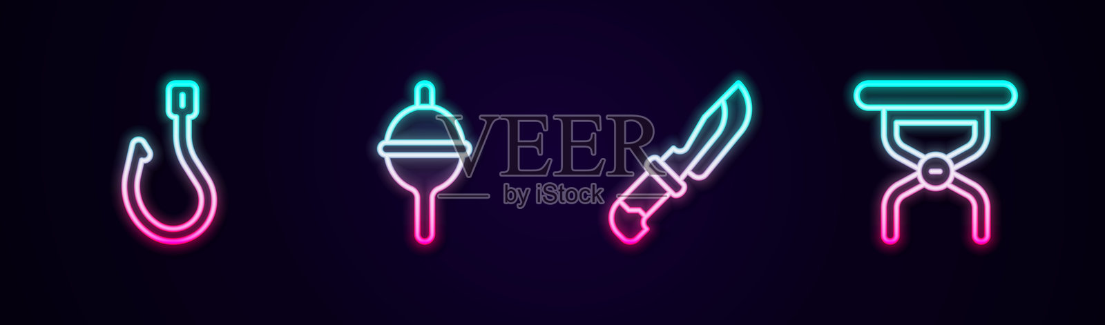 钓鱼线、鱼钩、浮漂、刀和露营折叠椅套装。发光霓虹图标。矢量图插画图片素材