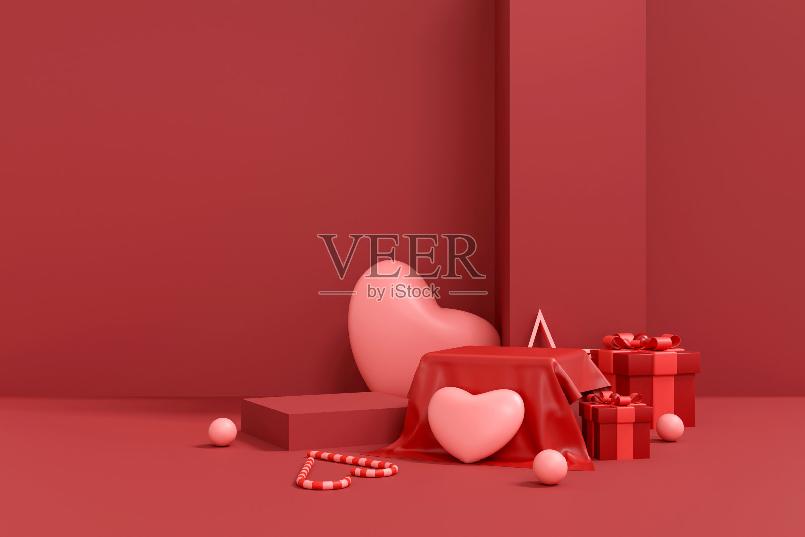 情人节主题3D渲染背景，带有粉色心形和角落产品展示台，非常适合用于激情营销和促销活动。照片摄影图片