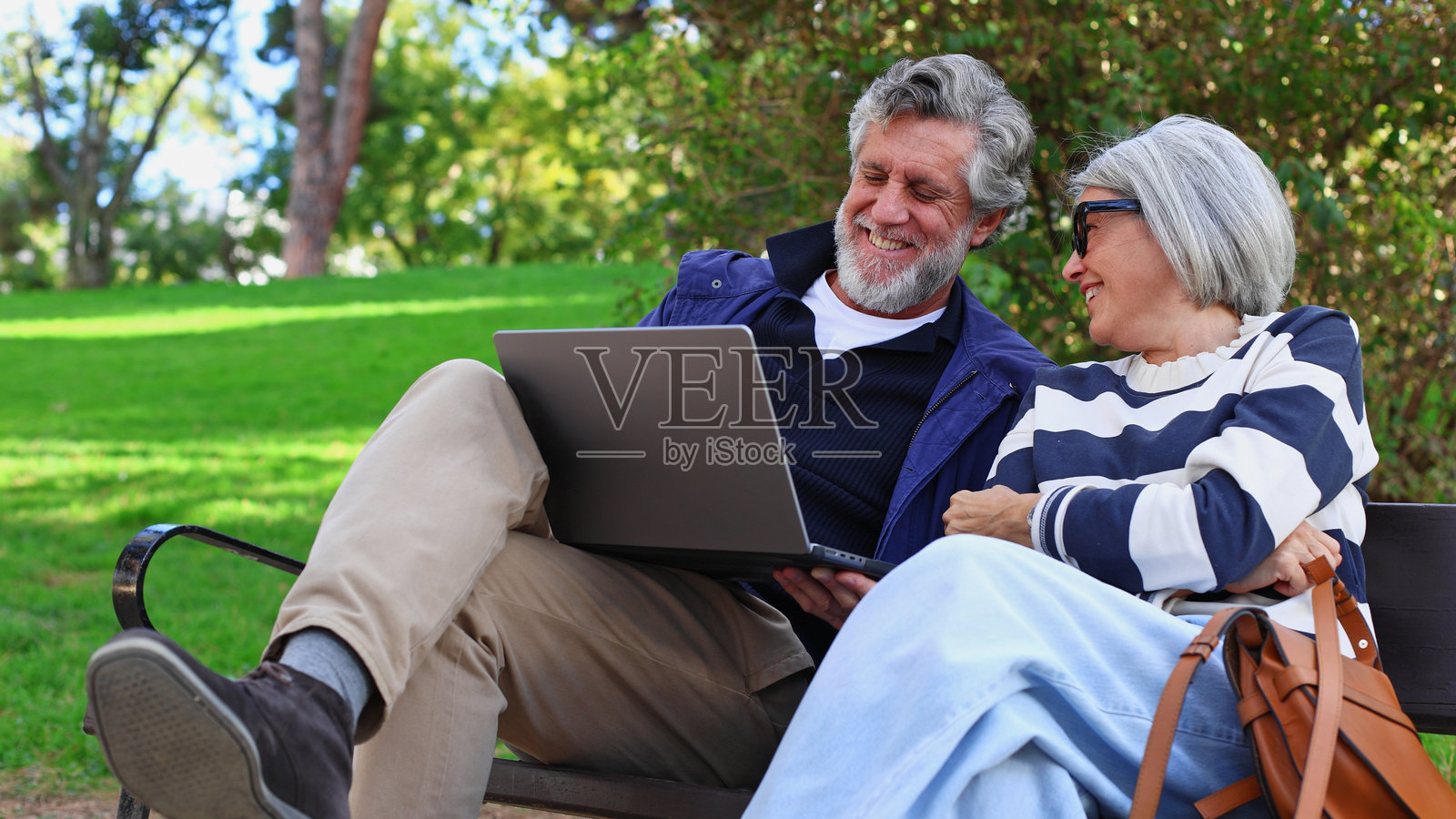 老年夫妇在公园里一起使用笔记本电脑，开怀大笑照片摄影图片