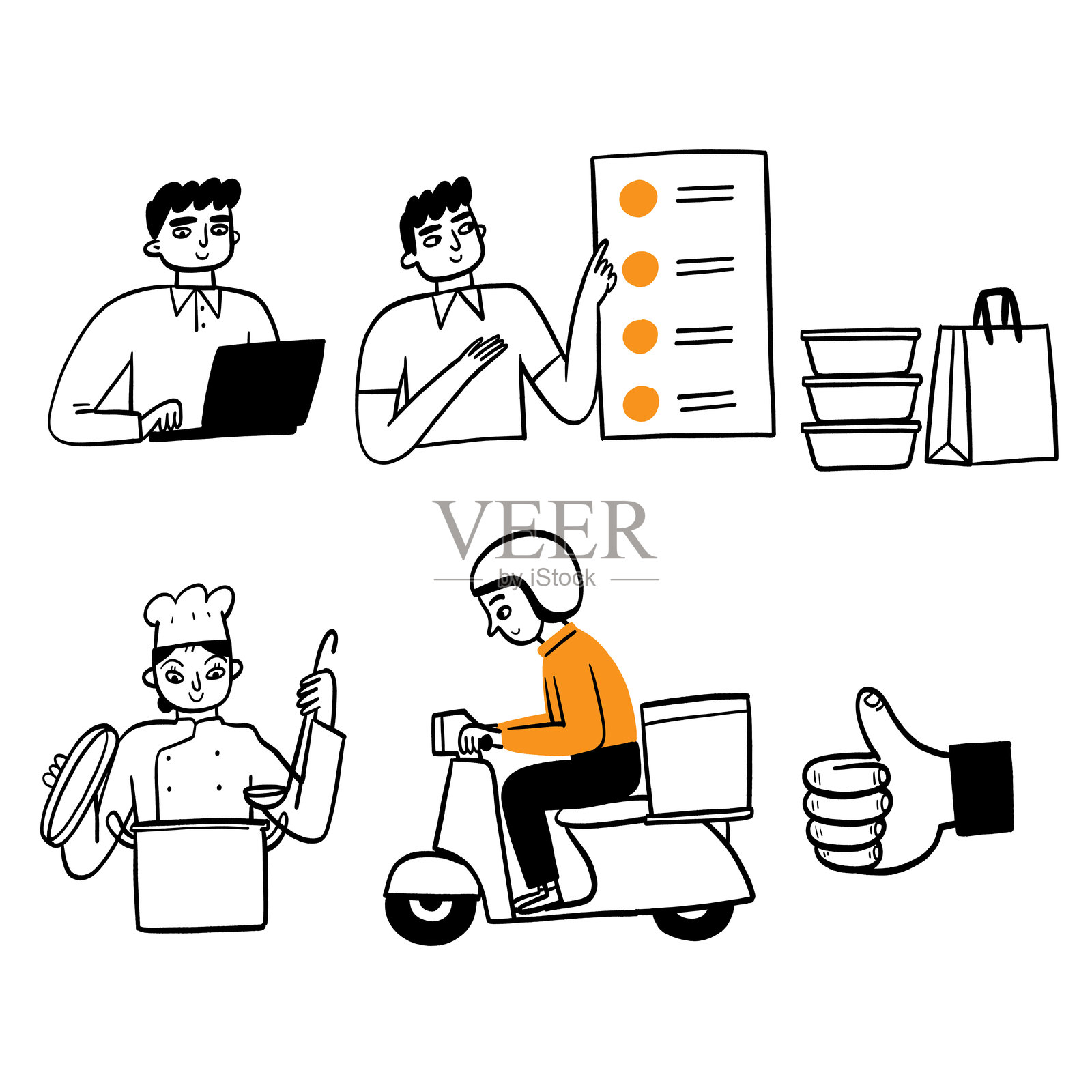 手绘食物配送流程套装，包括订购、烹饪和配送骑手，在线食品服务概念的涂鸦矢量插图。插画图片素材