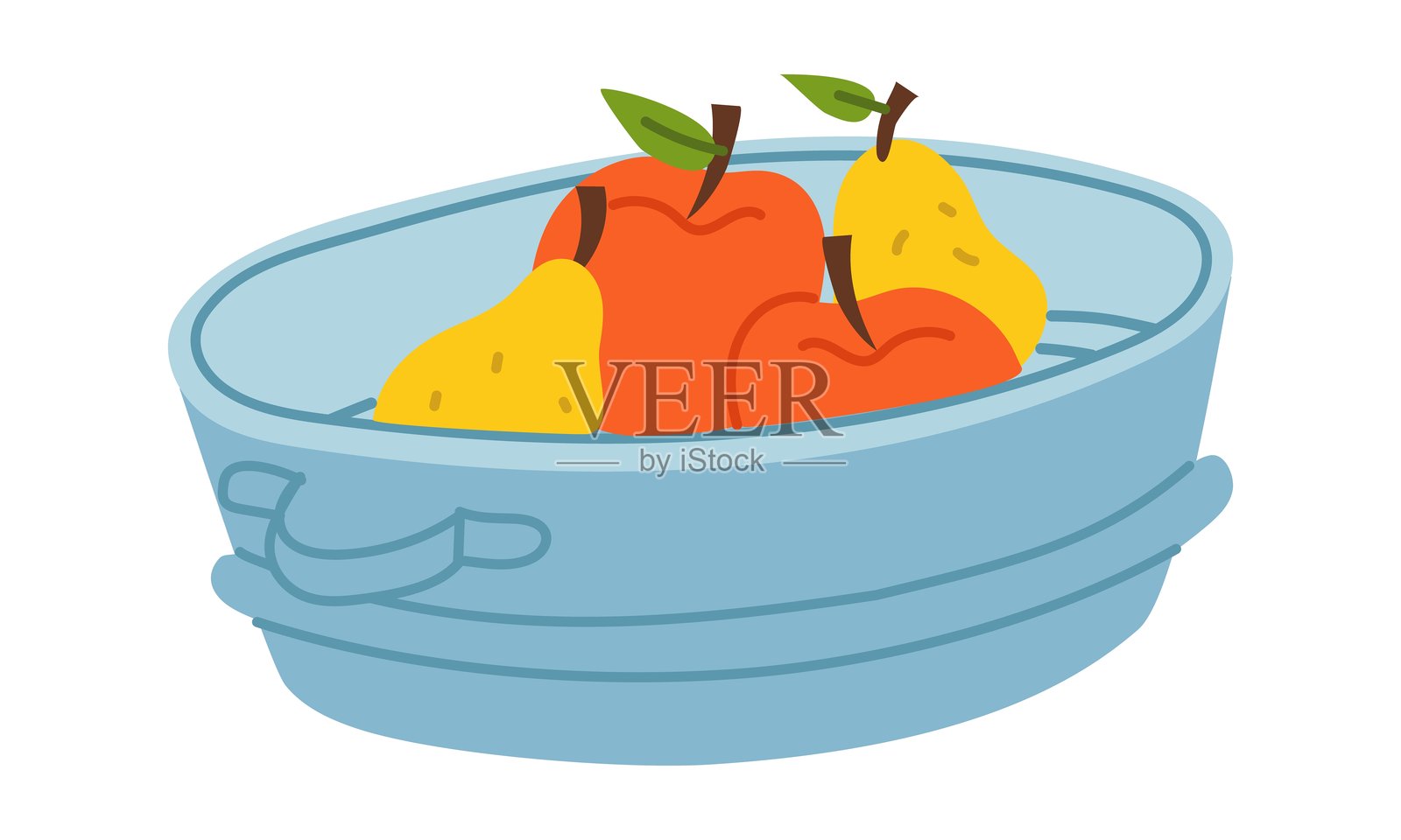 带把手的铁盆，里面装满了苹果和梨。扁平彩色插图。适用于包装设计、广告、园艺、农业、健康饮食、收获主题的文章。插画图片素材