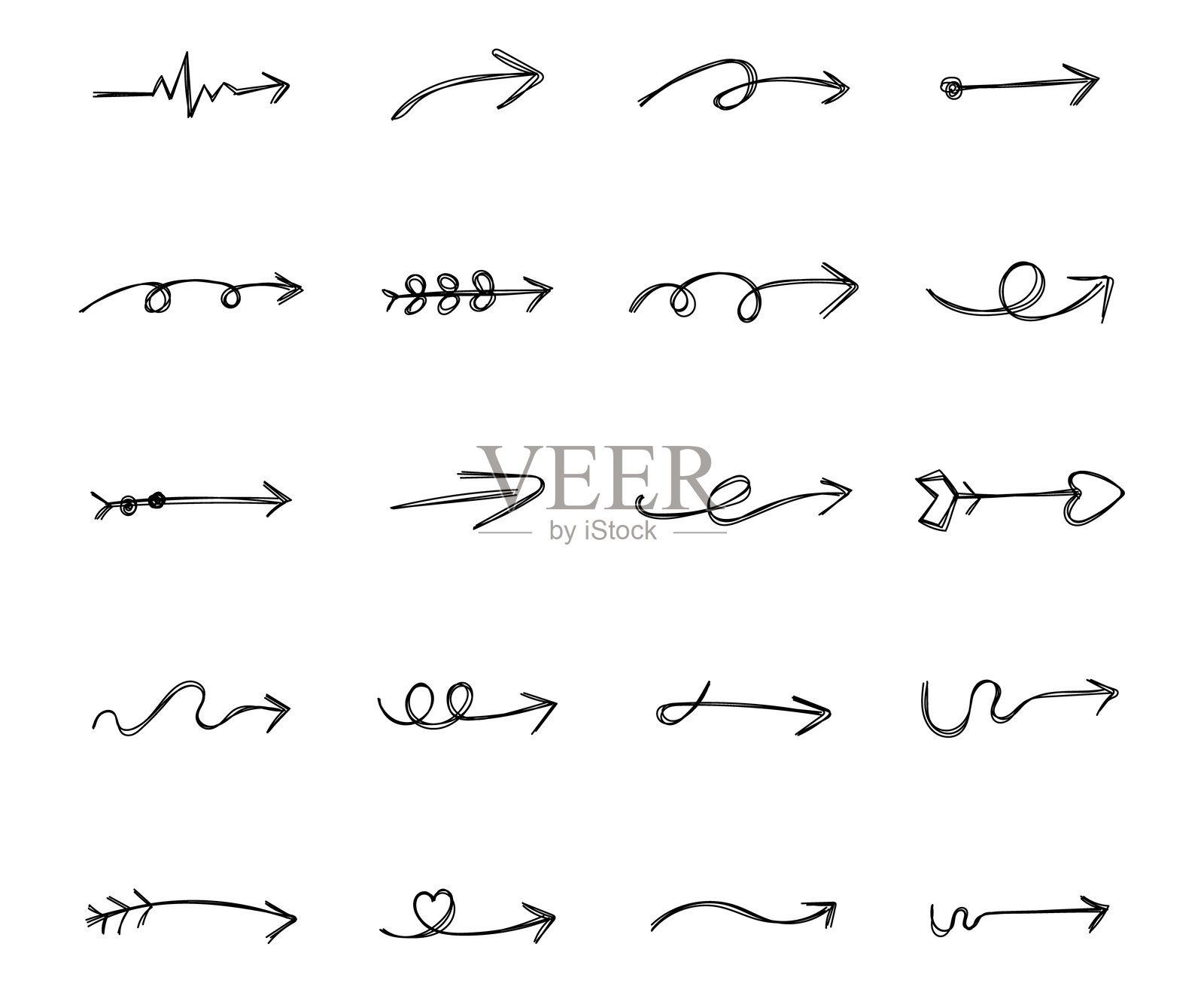 一组箭头涂鸦，展示了各种手绘的、适合您手工素描插图、创意设计项目和艺术轮廓线的元素插画图片素材