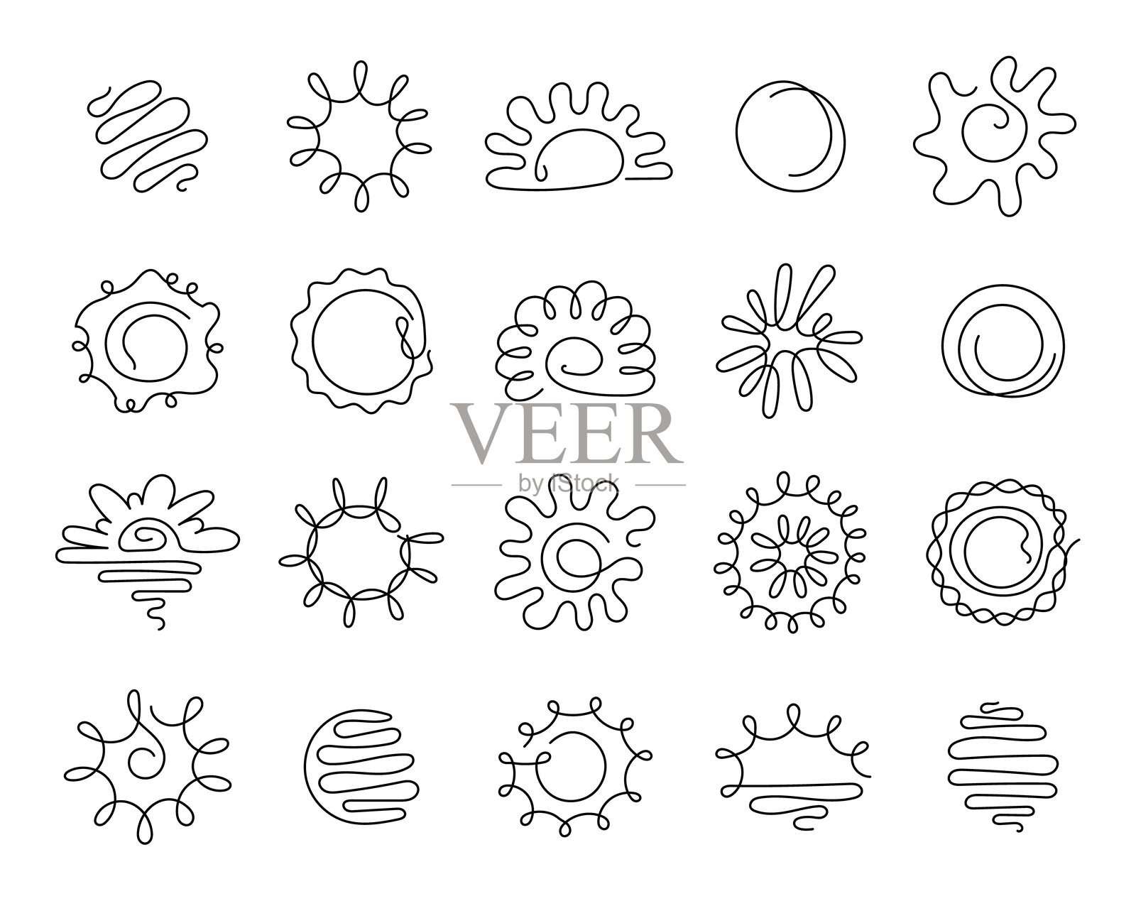 太阳连续线条轮廓套装，展示了为装饰项目、手工艺术品、草图和创意极简轮廓设计理念设计的不同抽象形状插画图片素材