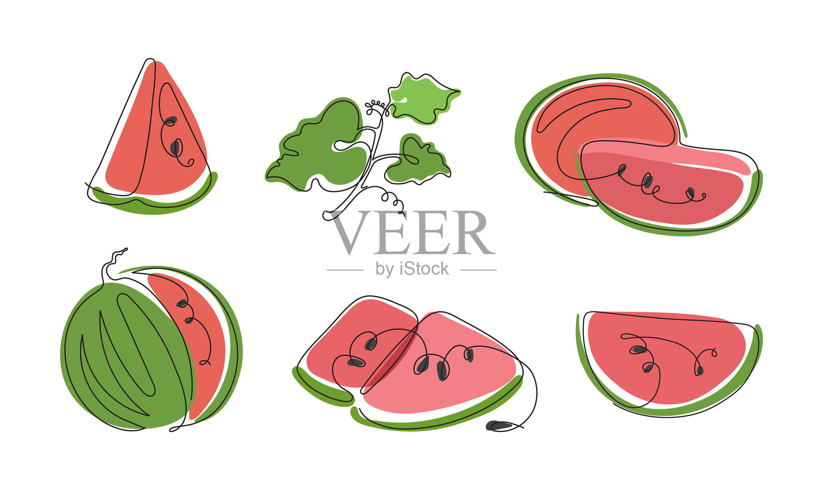 一套矢量风格的彩色西瓜单线画插画图片素材
