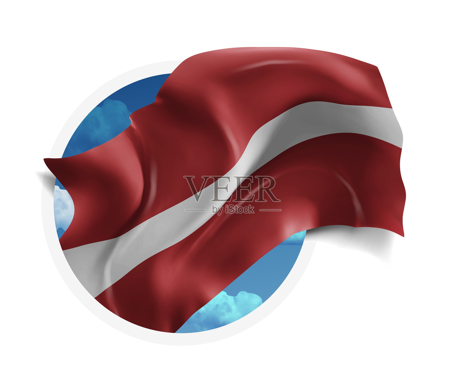 拉脱维亚，蓝天背景下的3D矢量国旗，穿过白底上的圆形孔插画图片素材