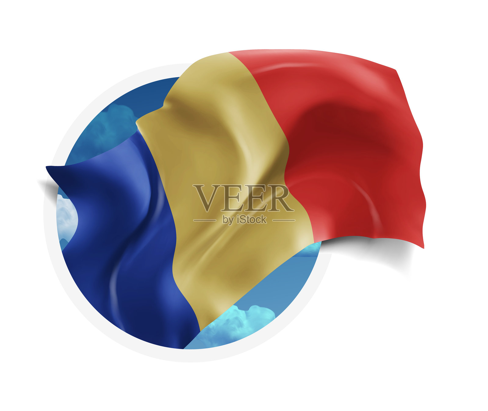 罗马尼亚，矢量3D国旗在蓝天下，穿过白色背景上的圆形孔插画图片素材