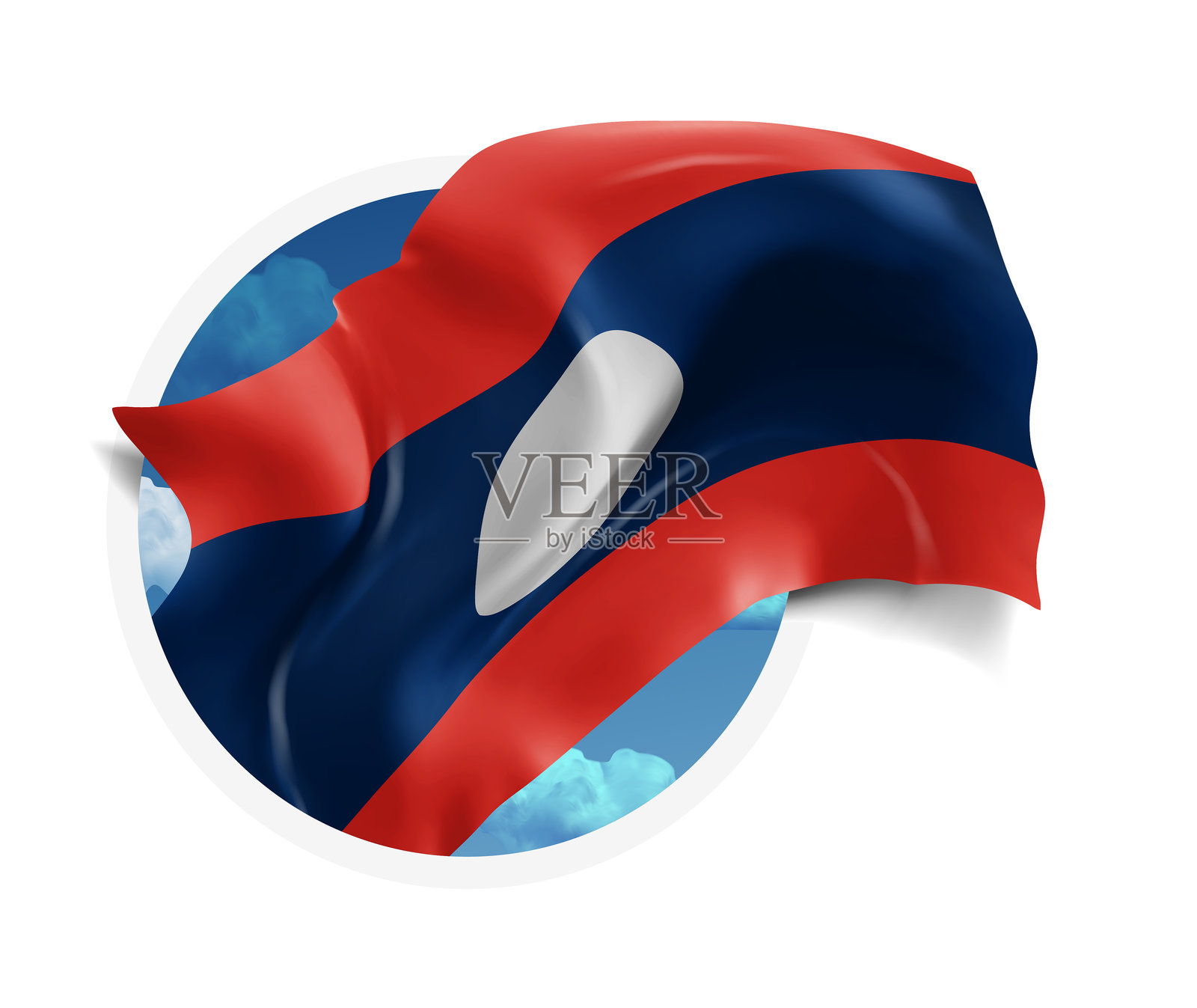 老挝国旗三维矢量图，背景为蓝天，在白色背景的圆形孔洞中插画图片素材