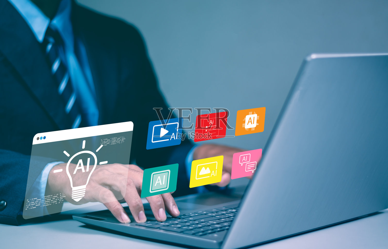 生成式AI概念，展示用于文本、图像、视频和内容创作的数字工具，象征人工智能创新、创意技术和生产力提升。照片摄影图片