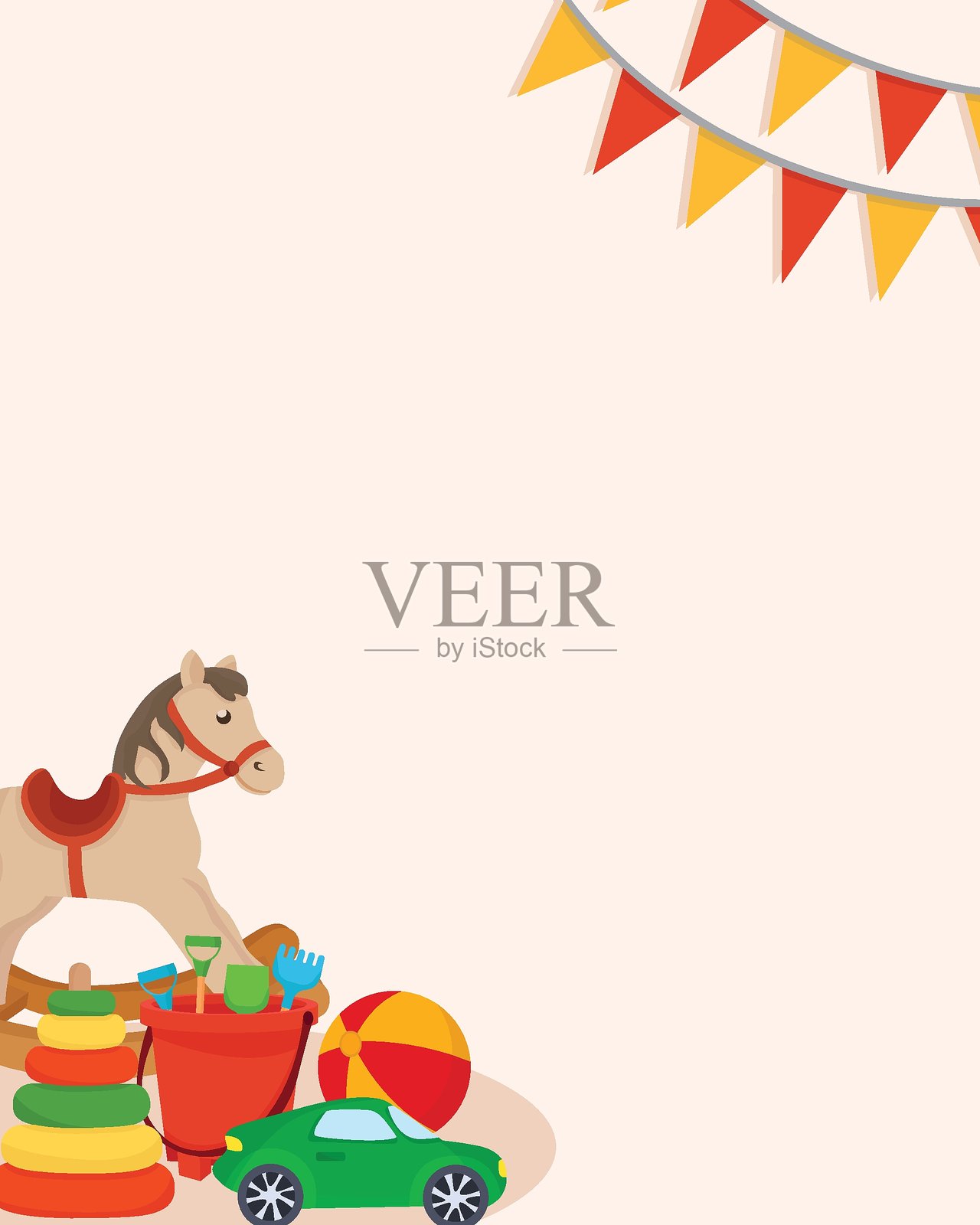 可爱的卡片，背景装饰有摇马、皮球、小汽车和金字塔等儿童玩具插画图片素材