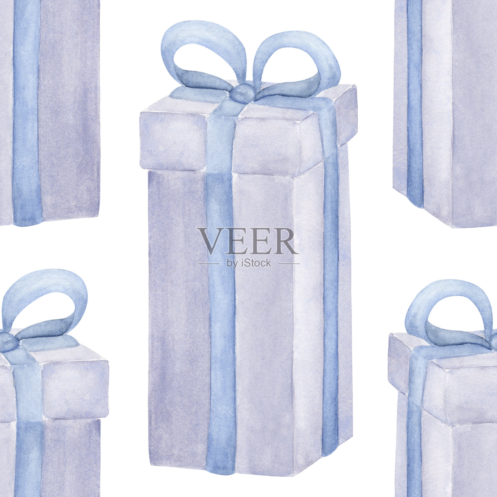 水彩薰衣草礼品盒蓝丝带无缝图案插画图片素材