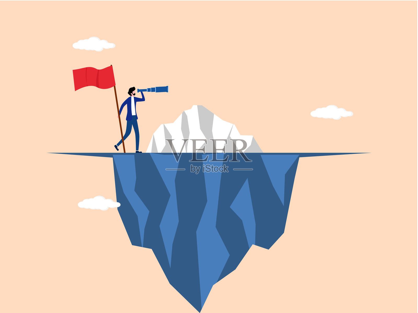 一位商人站在冰山上，手持望远镜眺望。插画图片素材