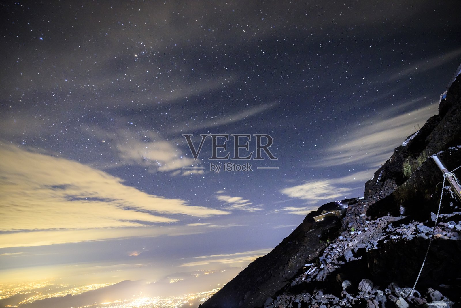 山脊上俯瞰星空和灯火辉煌的城市景观的天文摄影装置照片摄影图片