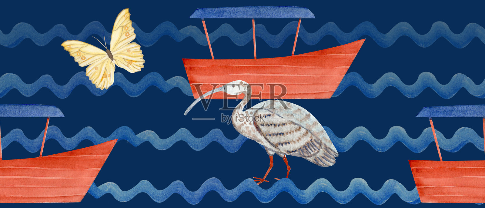 柬埔寨船只、海浪、 Ibis 鸟（湿地象征）在蓝色背景上的自然水彩无缝图案插画图片素材