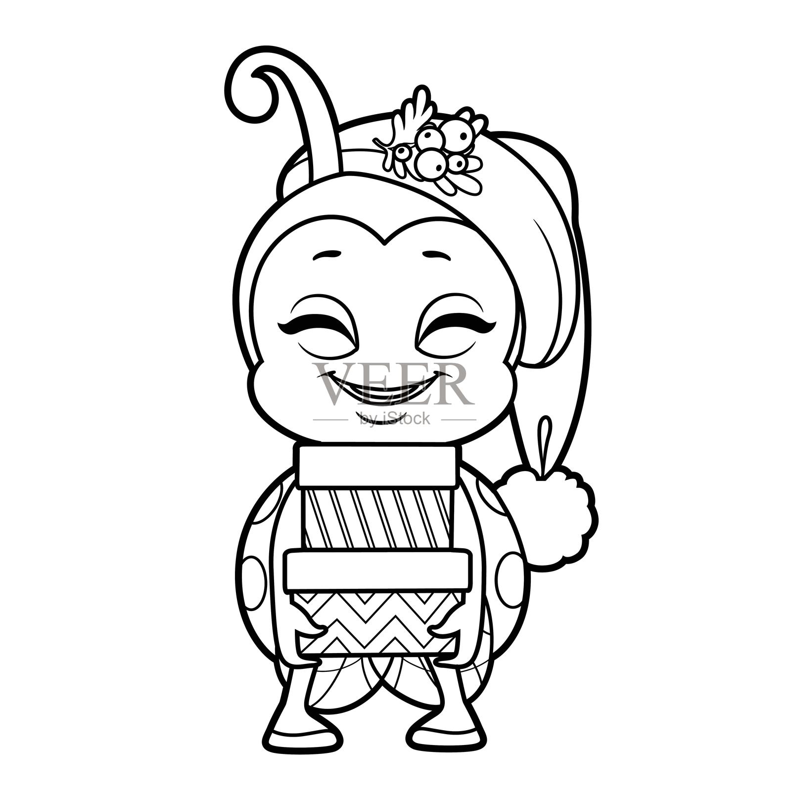 可爱快乐的卡通微笑小瓢虫戴着圣诞帽，拿着节日包装的礼物轮廓，供着色页使用，孤立在白色背景上插画图片素材