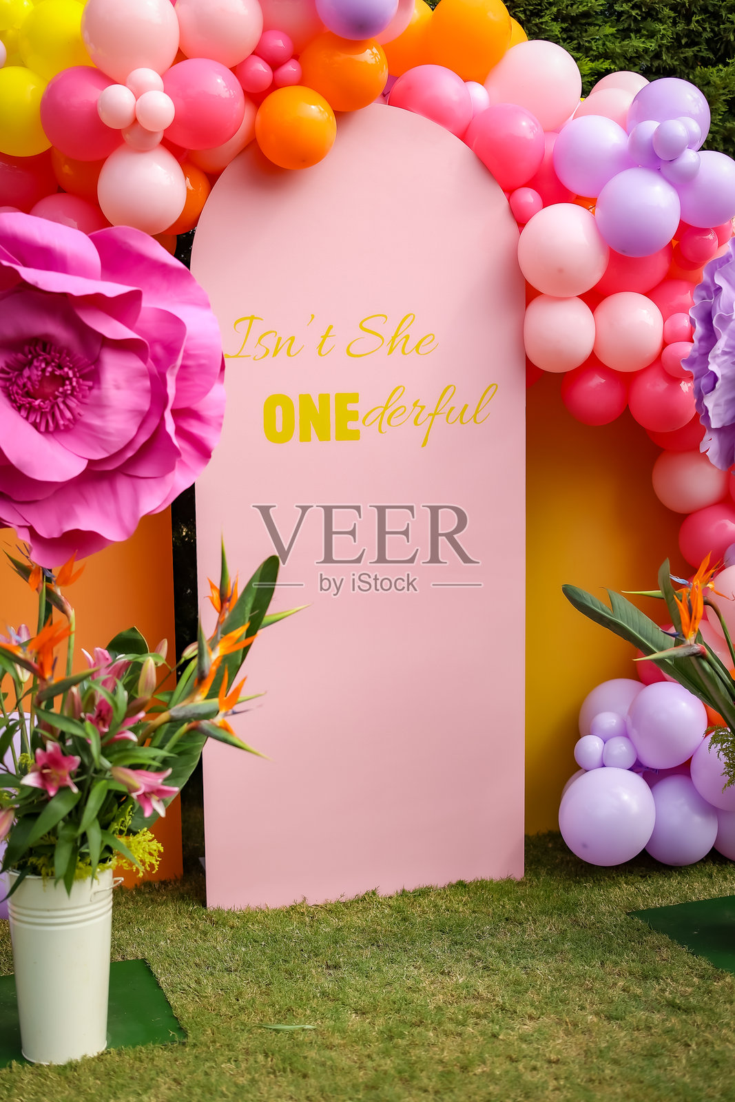 性别派对装饰背景。婴儿洗澡庆祝活动。父母的快乐一天照片摄影图片