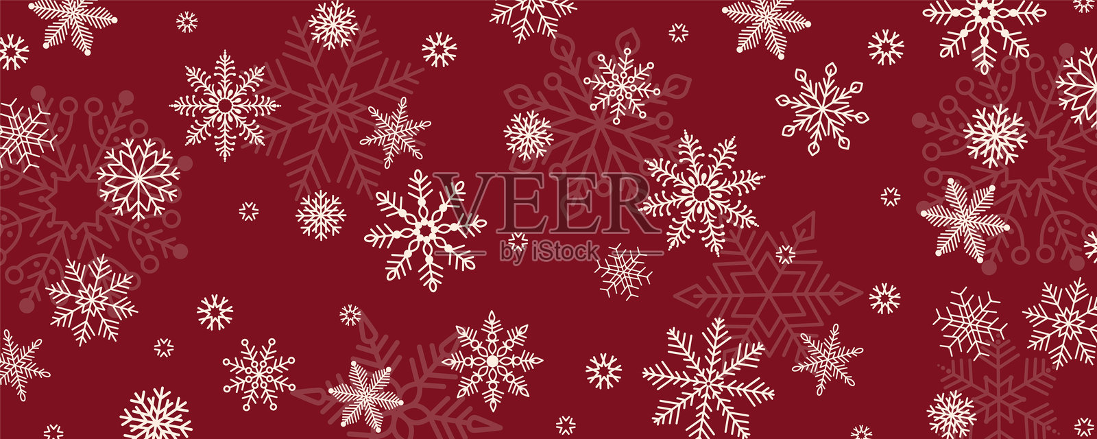 红色背景上带有各种白色雪花图案的美丽冬季背景。矩形扁平矢量插图。节日壁纸、海报、封面、广告模板。插画图片素材