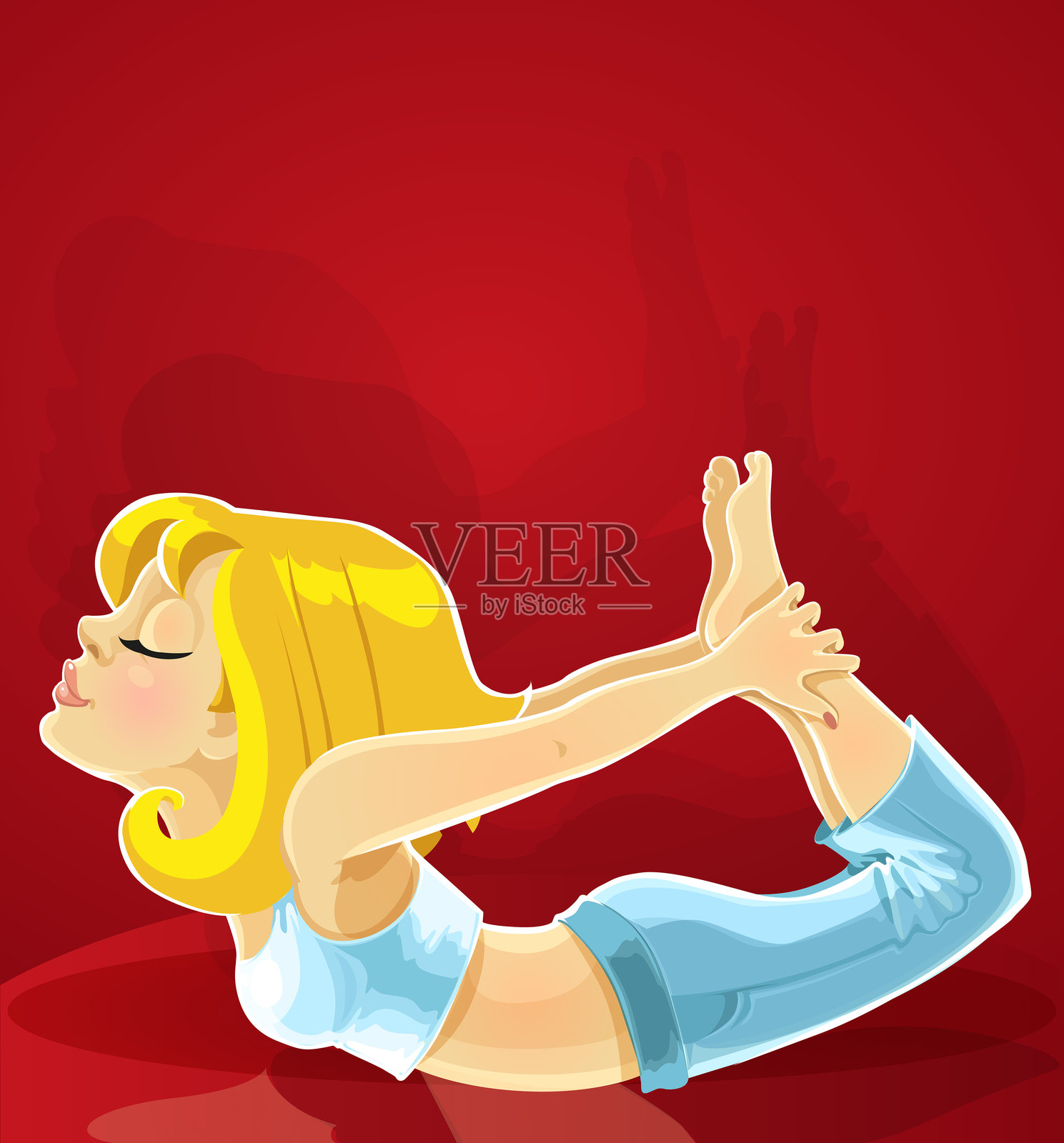 身穿瑜伽服的金发女孩摆出弓式（Dhanurasana）造型，背景为红色插画图片素材
